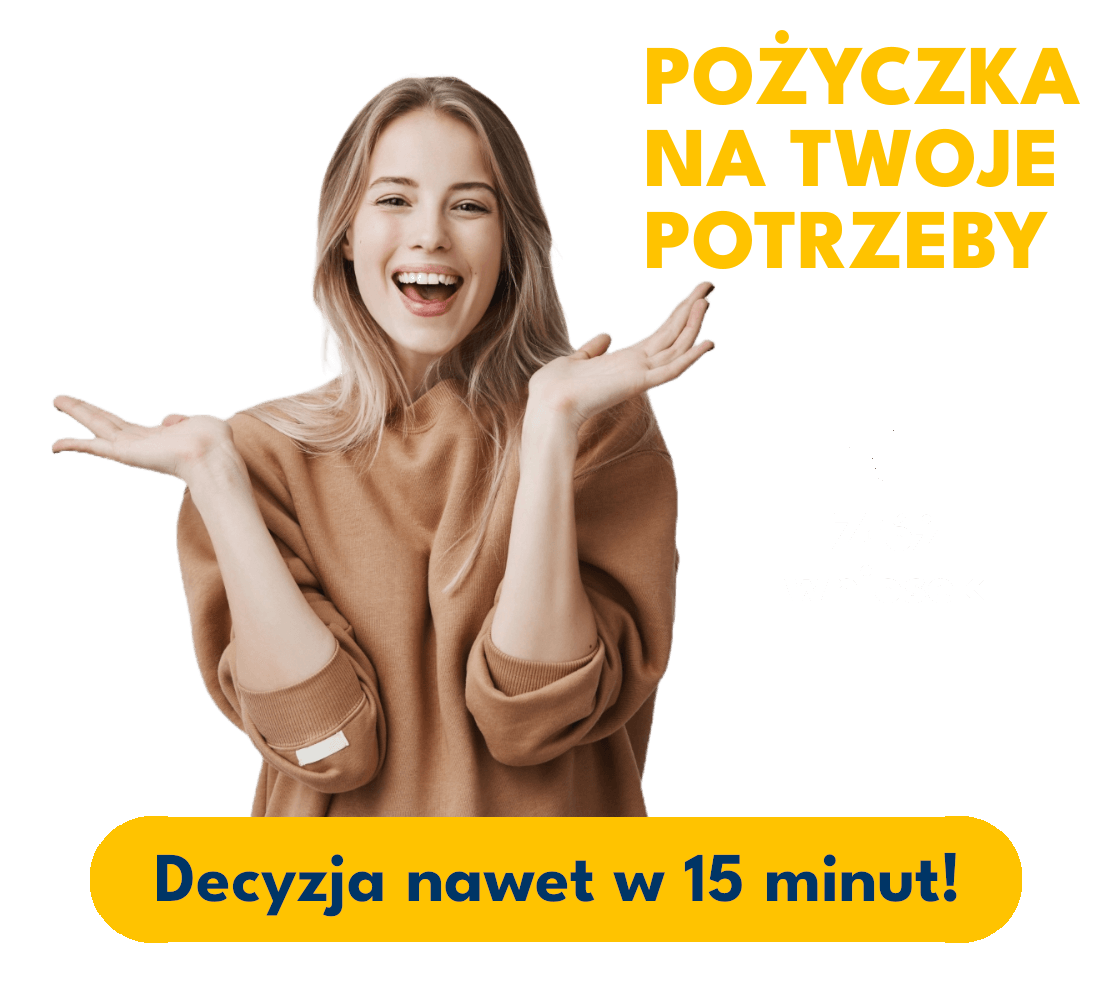 Szczęśliwa kobieta obok napisu "POŻYCZKA NA TWOJE POTRZEBY"